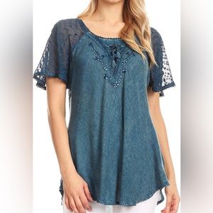 Sakkas Ellie Sequin Embroidered Cap Sleeve Scoop Neck Relaxed Fit Blouse Blue